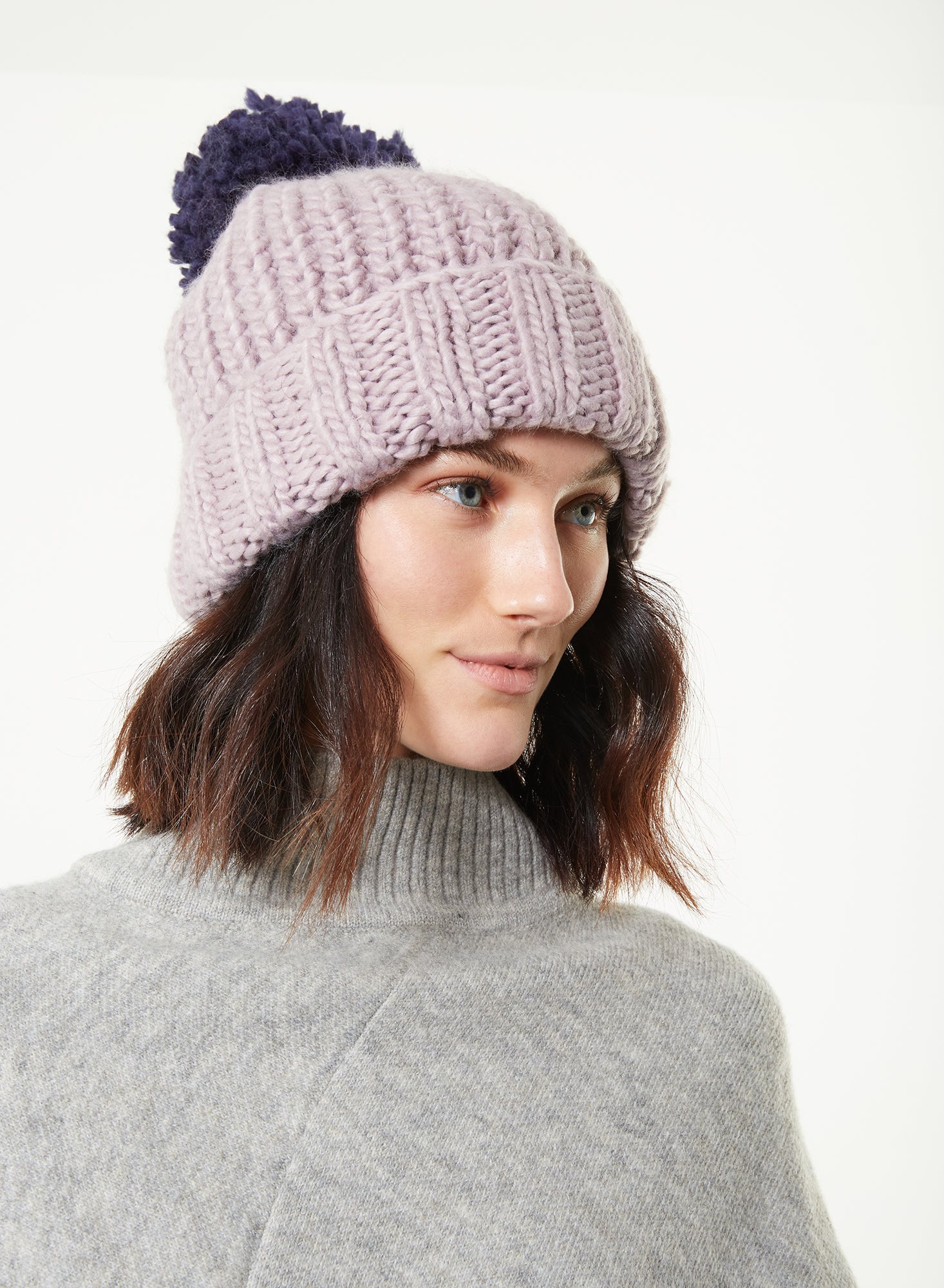 Hand Knitted Pom Pom Hat - Lavender - Meg